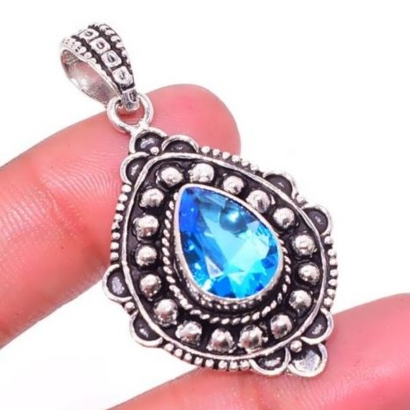 New Blue Topaz Pendant & .925 Silver Necklace - Picture 1 of 8